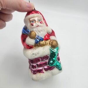 Vintage‎ Glass Santa Claus in Chimney Ornament Red Blue Bag Christmas Décor